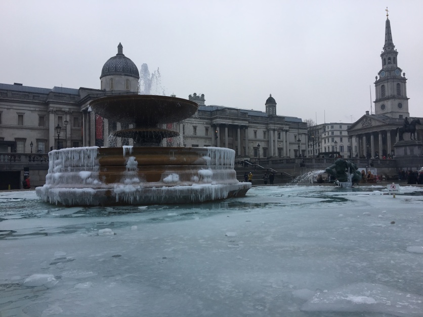The snow was melted, but the fountain in Trafalgar Square wasn't.